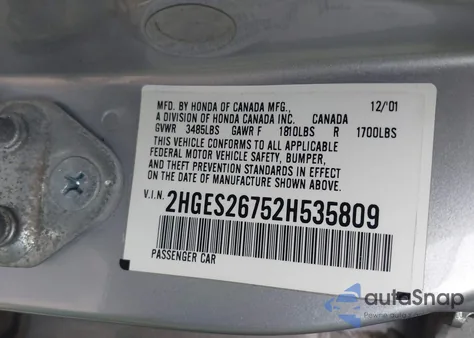 2002 Honda Civic Ex z USA, uszkodzony, nr VIN 2HGES26752H535809